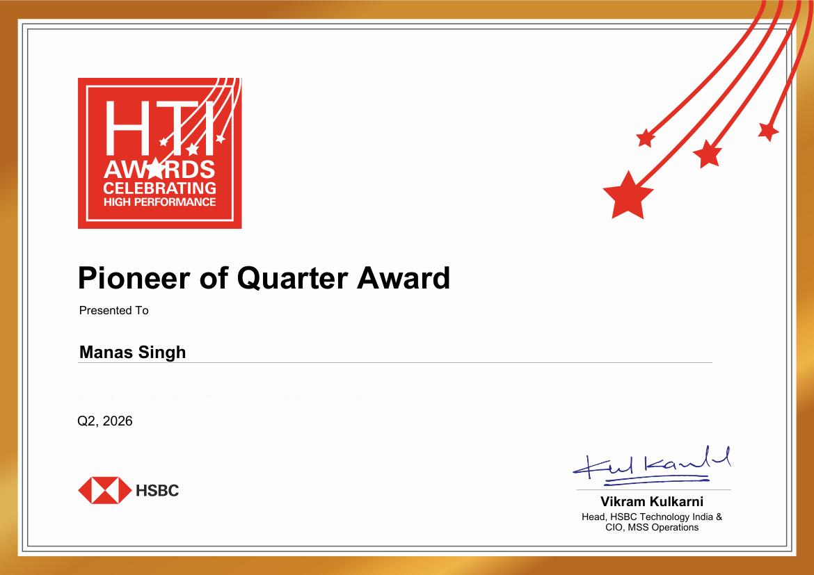 Pioneer of the Quarter Award certificate preview